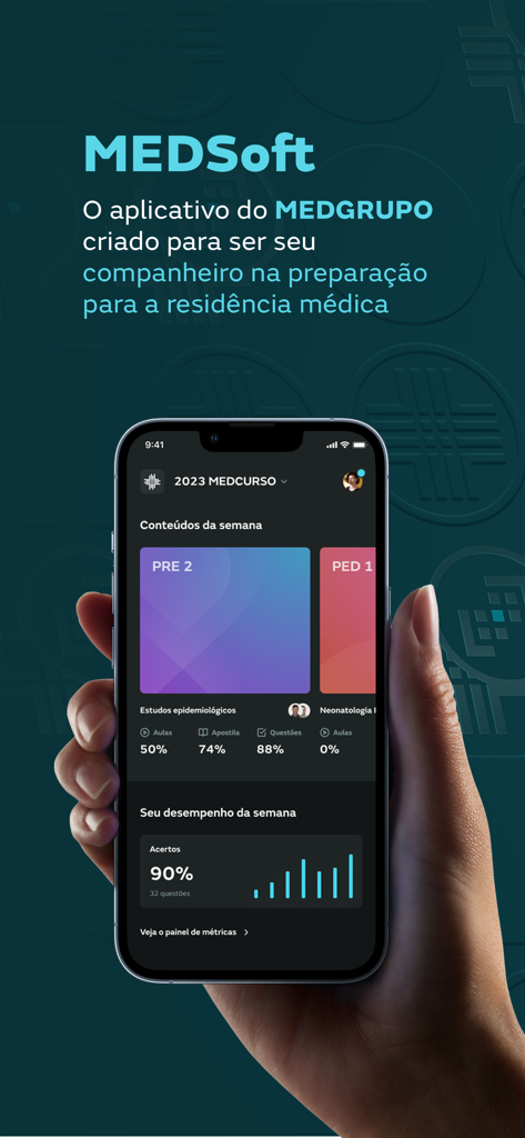 MEDSoft - MEDSoftアプリのダッシュボードを表示するスマートフォン。医療学習コンテンツとパフォーマンス追跡指標が表示されている