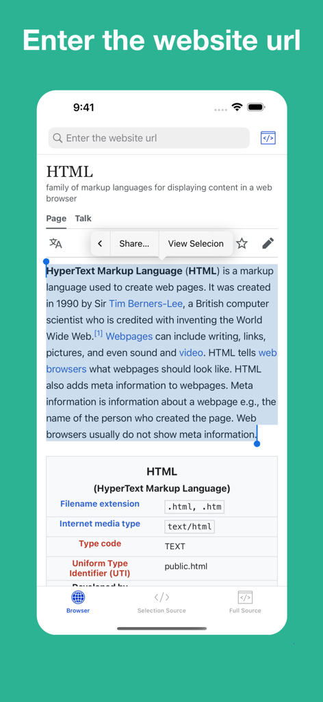 View Selection Source - Pantalla de smartphone mostrando la aplicación Ver Código Fuente Seleccionado con una página web y texto seleccionado para inspección
