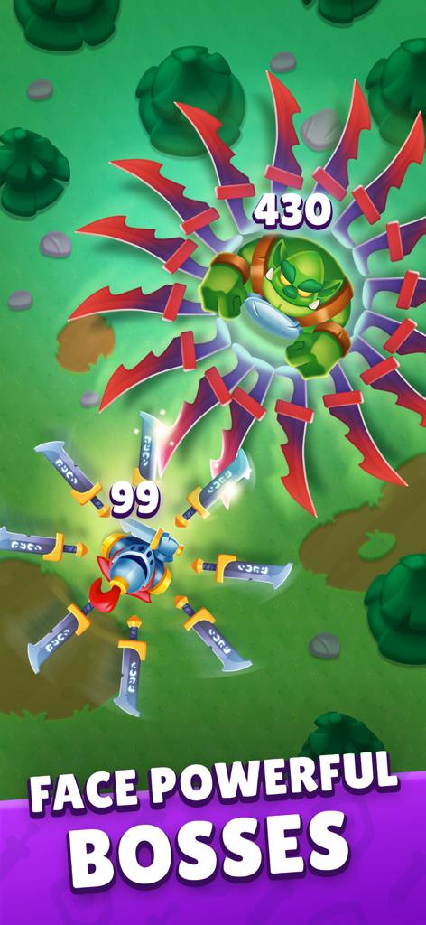 Heroes vs Hordes: Survival RPG - A knight hero battling a giant green orc boss with spinning blades in a fantasy survival RPG.