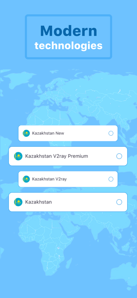 VPN Kazakhstan app interface showing various server connection options including V2ray and Premium servers over a world map background
