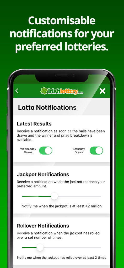 Interfaz que muestra la configuración de notificaciones personalizables para resultados de Irish Lotto, montos de bote y alertas de rollover