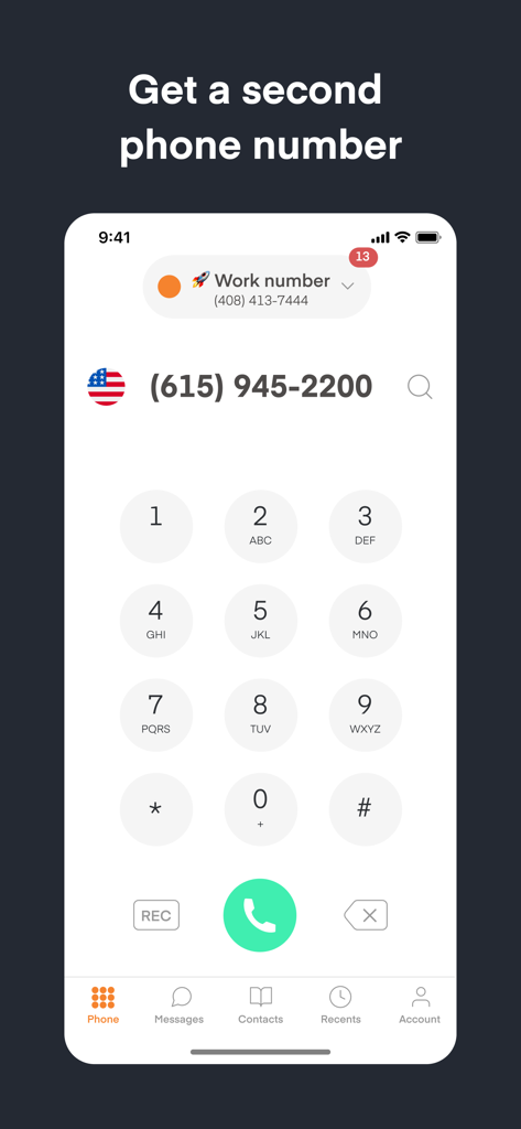 Phoner app interface showing a numeric dial pad for calling with a second work phone number.