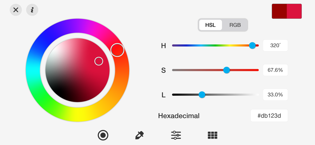 Doodle • Art - Interfaccia dell'app Doodle Art che mostra un selettore di colori dettagliato con una ruota cromatica, cursori HSL e inserimento del codice esadecimale.