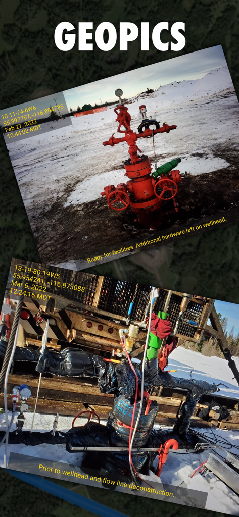 GPS 좌표 및 상태 메모와 함께 위치 정보가 태그된 유정 헤드 사진을 표시하는 OilTrails 앱 인터페이스