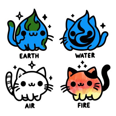 4 cats that represent the different elements, earth, water, air, and fire