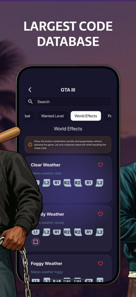 Oberfläche, die GTA III Wetter-Cheat-Codes mit Controller-Tastenfolgen in der App-Datenbank anzeigt