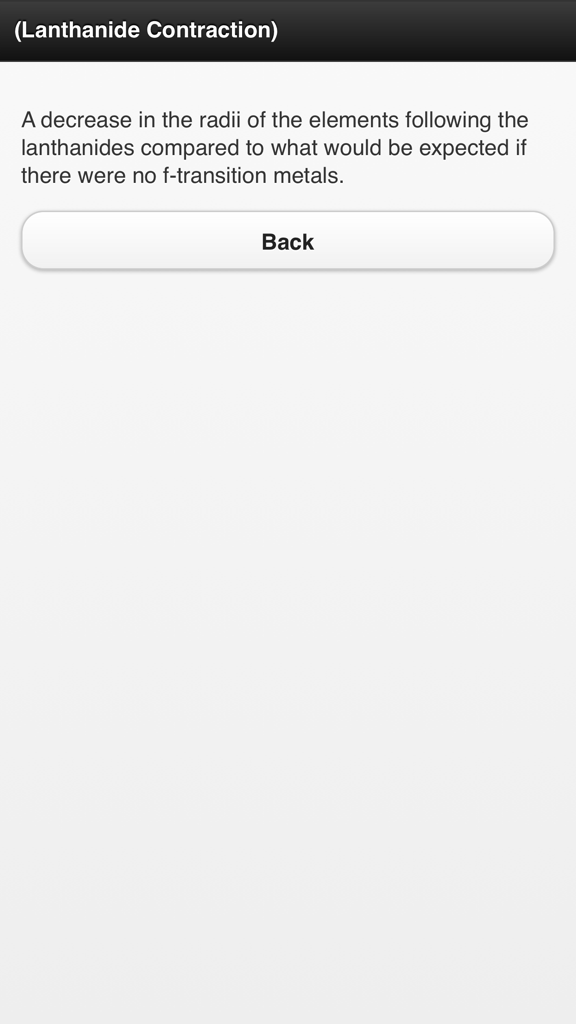 Chemistry Dictionary Offline - Uma tela exibindo a definição de Contração dos Lantanídeos no aplicativo Dicionário de Química Offline.