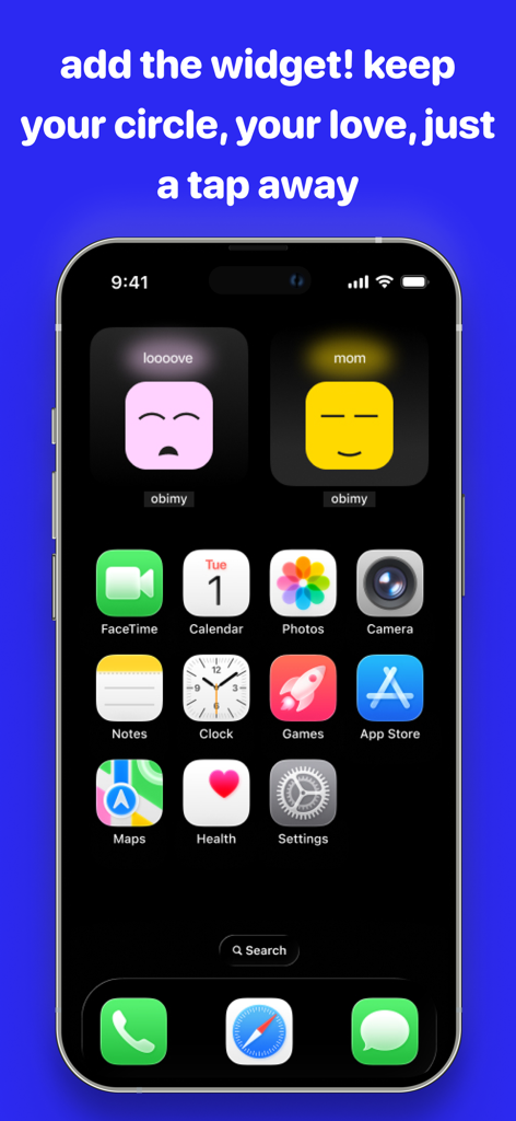Widgets de Obimy en la pantalla de inicio de un iPhone que muestran avatares personalizados para contactos cercanos