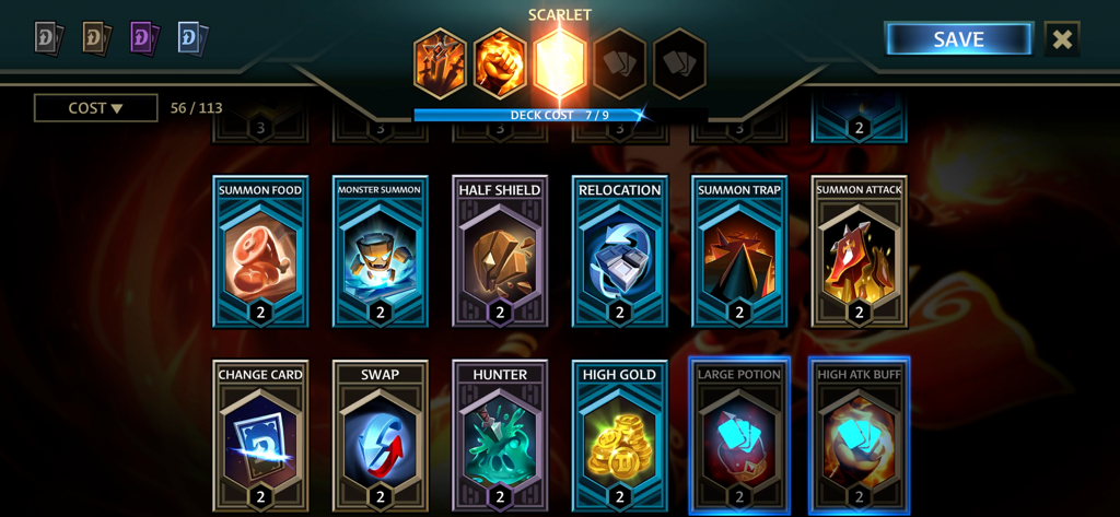 Deck building interface in Dicast Rules of Chaos showing strategic battle cards for the hero Scarlet.