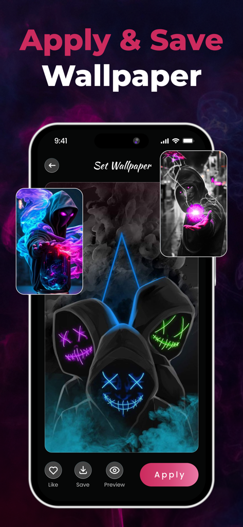 Silly Wallpapers app screen showing neon glow mask backgrounds for iPhone