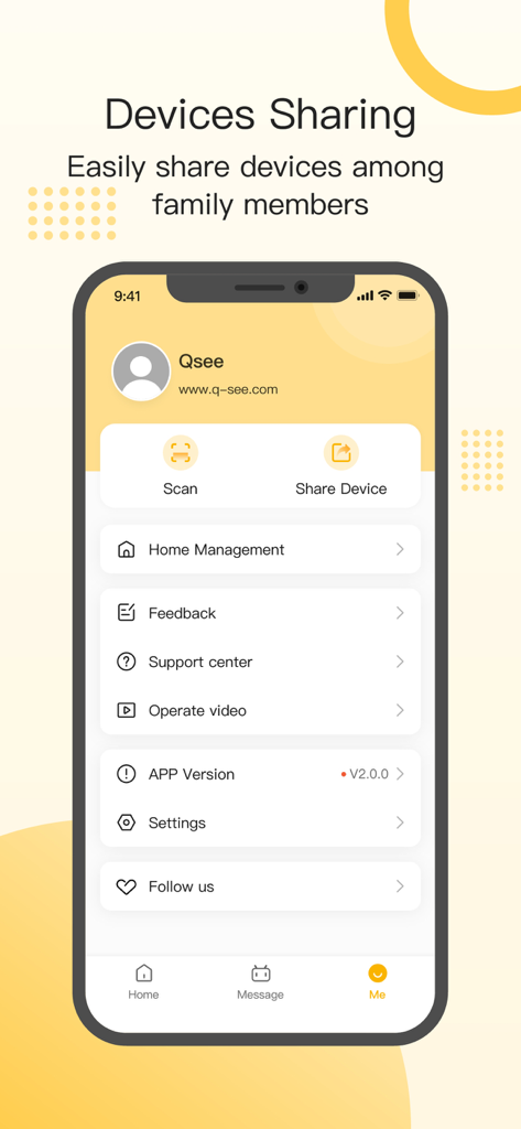 Qsee - Smart Home - Interface of the Qsee Smart Home app showing the profile settings and device sharing features