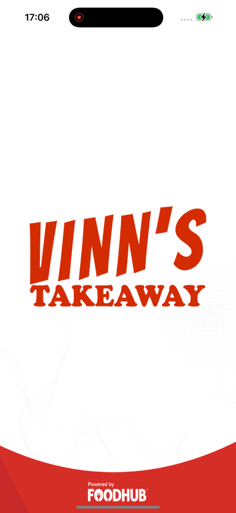 VINNS Takeaway mobile app splash screen featuring the red logo and Powered by Foodhub text