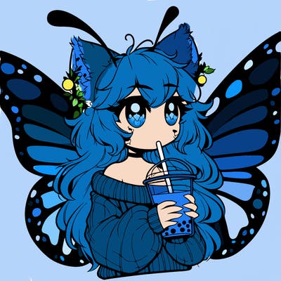 a realistic butterfly/furry girl drinking boba