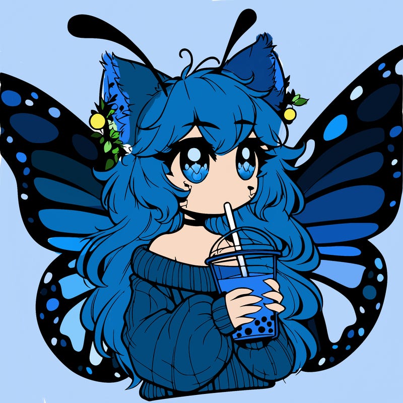 a realistic butterfly/furry girl drinking boba