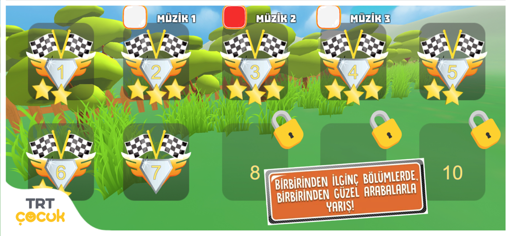 TRT Yarışçı - Pantalla de selección de niveles para el juego de carreras TRT Yarisci para niños con calificaciones de estrellas y niveles bloqueados