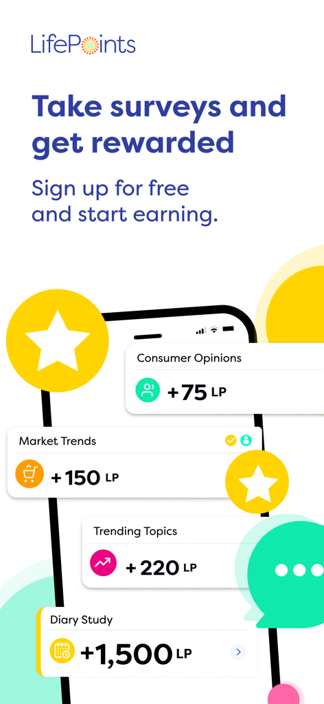 LifePoints – Paid Surveys App - LifePointsアプリの画面には、消費者意見と市場トレンドのためのアンケート機会と報酬ポイントが表示されています