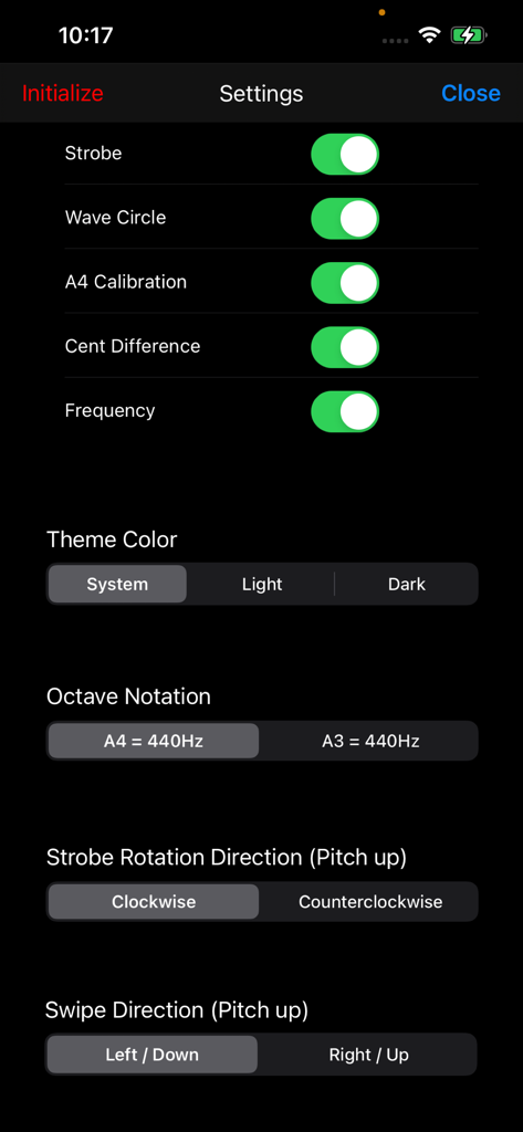 Touch Tuner - Tela de configurações do aplicativo Touch Tuner mostrando opções de personalização para calibração da exibição estroboscópica e cor do tema