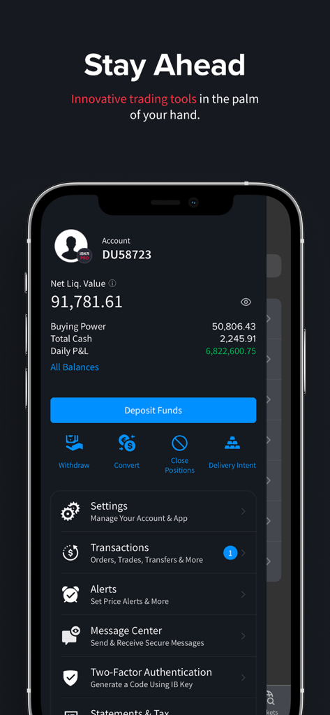 IBKR Mobile - Invest Worldwide - Panel de cuenta de IBKR Mobile que muestra la liquidez neta y las herramientas de trading