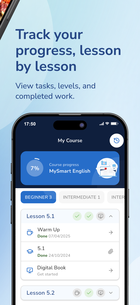 MYES - My English School - Mobile app screen displaying student progress and lesson tasks for My English School