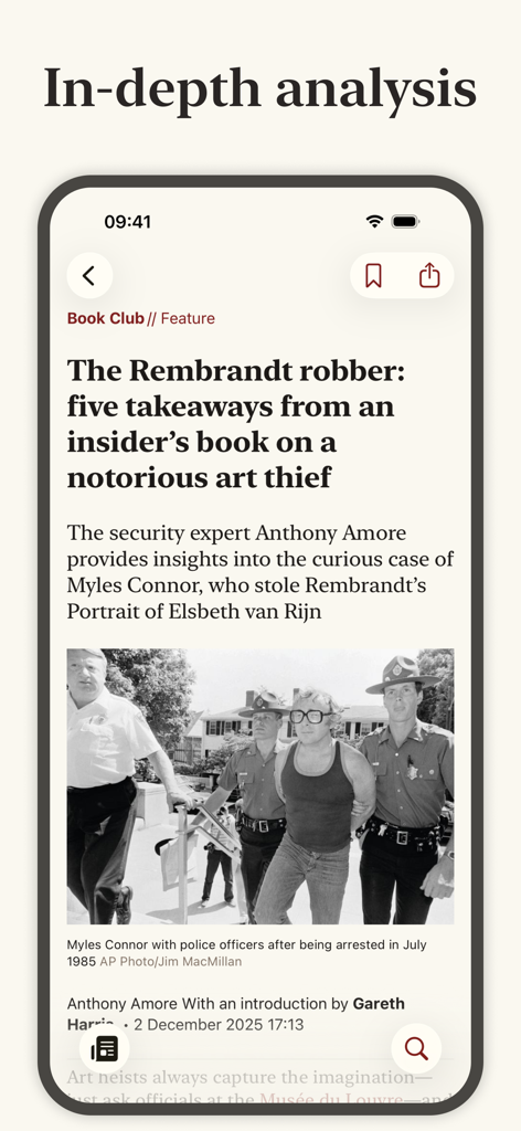 The Art Newspaper - The Art Newspaper app screen showing an in-depth analysis article on an art heist