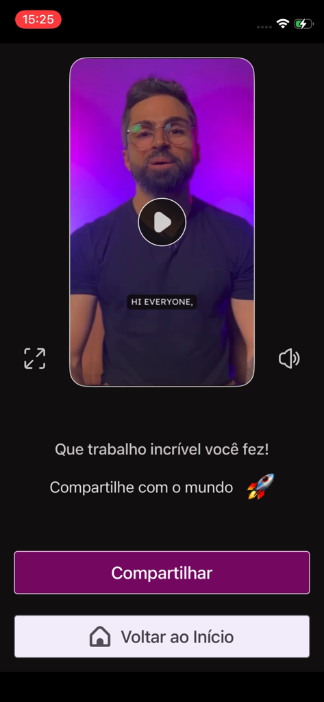 Legenda.ai - Handybildschirm, der ein fertiges Video mit automatischen Untertiteln und einer Freigabeschaltfläche für soziale Medien zeigt.