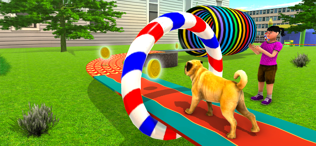 Family Pet Life Dogs Simulator - Un pug virtual navegando por un circuito de obstáculos en un simulador de entrenamiento en el patio trasero.
