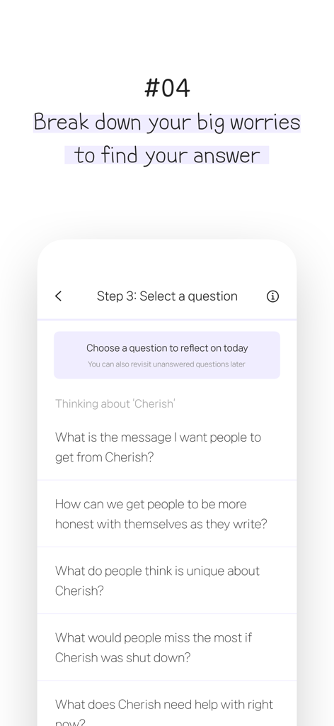 Cherish - diary with 7 formats - A screen showing guided journaling questions in the Cherish app to help users reflect and find answers to their worries