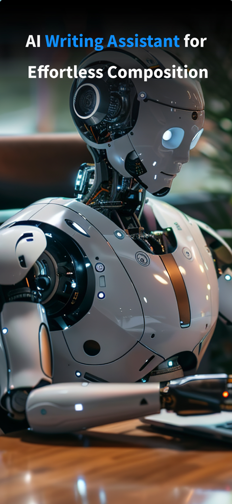 Writing AI - Essay Assistant - A futuristic white humanoid robot sitting at a desk and typing on a laptop representing an AI writing assistant
