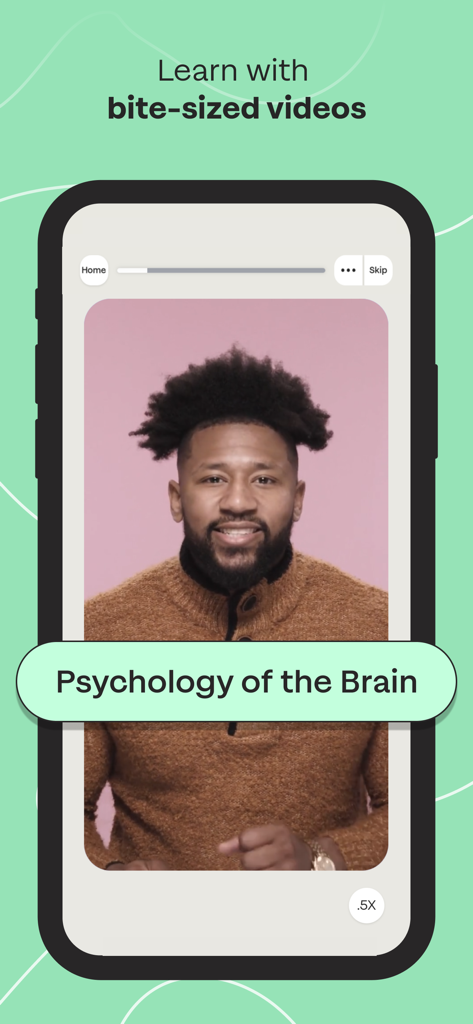 Sharpen - College Exam Prep - Smartphone screen showing a bite-sized video lesson on Psychology of the Brain within the Sharpen exam prep app.