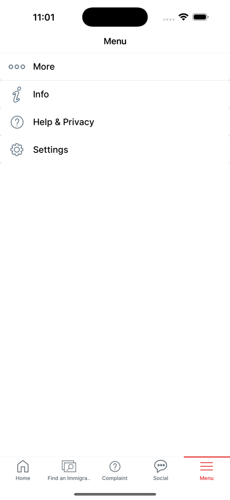 Benutzeroberfläche des Menübildschirms der CICC - CCIC Mobile App mit Optionen für Info, Hilfe und Einstellungen.