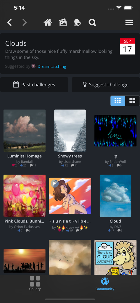 Sketch Club - A screen from the Sketch Club app showing a daily drawing challenge with a grid of community-submitted artwork and artist names.