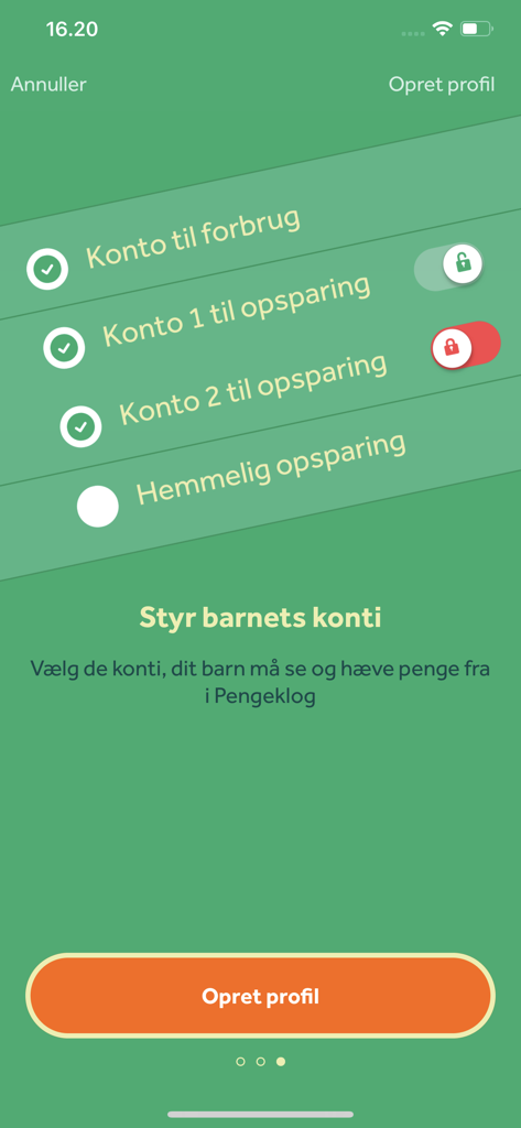 Smartphone screen showing Pengeklog parental controls for managing a child's spending and savings accounts