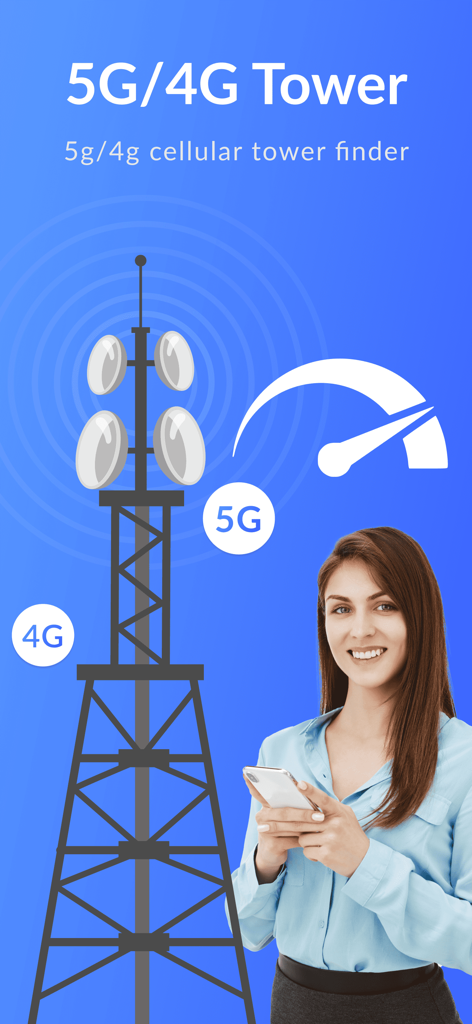 La aplicación Localizador de Antenas Celulares muestra señales 5G y 4G con una mujer usando un teléfono