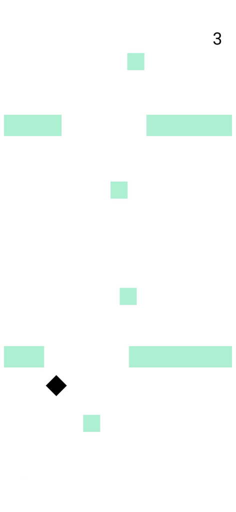 Minimalist gameplay of Amazing Bricks showing a black diamond maneuvering through green obstacle gaps