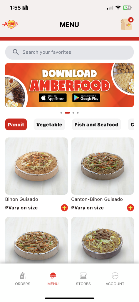 Amber Food App menu interface showing Filipino pancit dishes and food categories