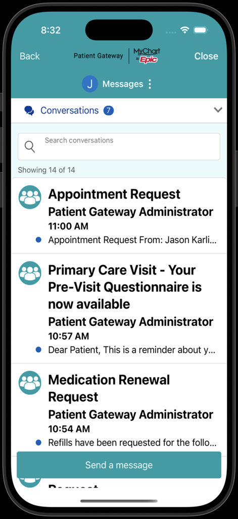 Interface de mensagens seguras no aplicativo Patient Gateway mostrando solicitações de consultas e renovação de medicamentos.