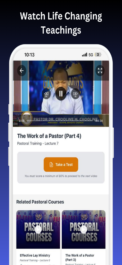Envoys - Smartphone screen of the Envoys app displaying a video lecture on pastoral training with a take a test feature