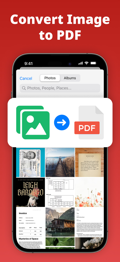 PDF Air - Editor and Converter - Interface of the PDF Air app displaying a photo gallery and a graphic representing the conversion of image files into a PDF document