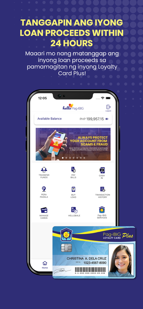Painel do aplicativo HelloPag-IBIG mostrando informações de empréstimo e Loyalty Card Plus