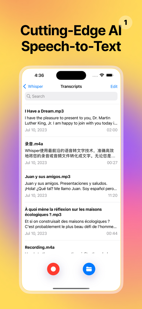 Whisper Transcribe - Dictation - A screenshot of the Whisper Transcribe app showing a library of audio transcripts in multiple languages with cutting edge AI speech to text heading