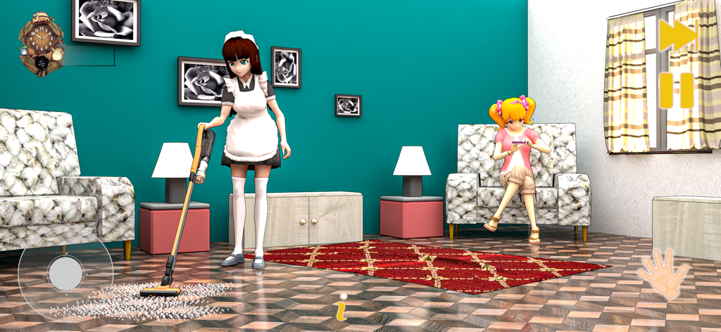 Anime High School Girl 3D Life - Una simulación 3D de una criada aspirando una sala de estar de lujo mientras una chica se sienta en un sofá.
