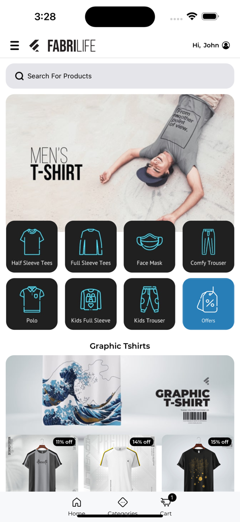 Fabrilife mobile shopping app home screen showing mens graphic t shirts and clothing categories