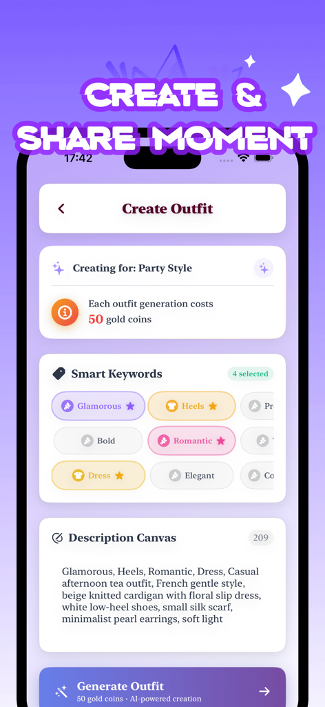 Aoya - Vibe & Style - Interface of the Aoya app showing the outfit creation tool with smart fashion keywords and a description field.
