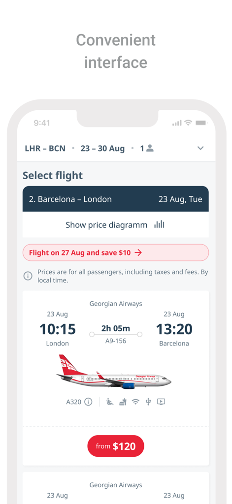 Georgian Airways - Air tickets - Bildschirm zur Flugauswahl in der Georgian Airways App mit einer Route von London nach Barcelona, Preisen und Flugplan