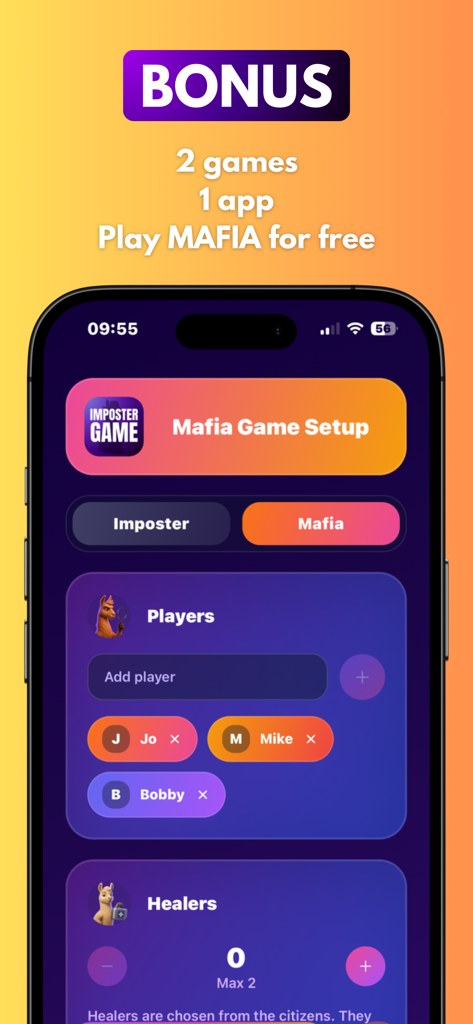 Interface do aplicativo Imposter Game exibindo a tela de configuração do modo Mafia com adições de jogadores