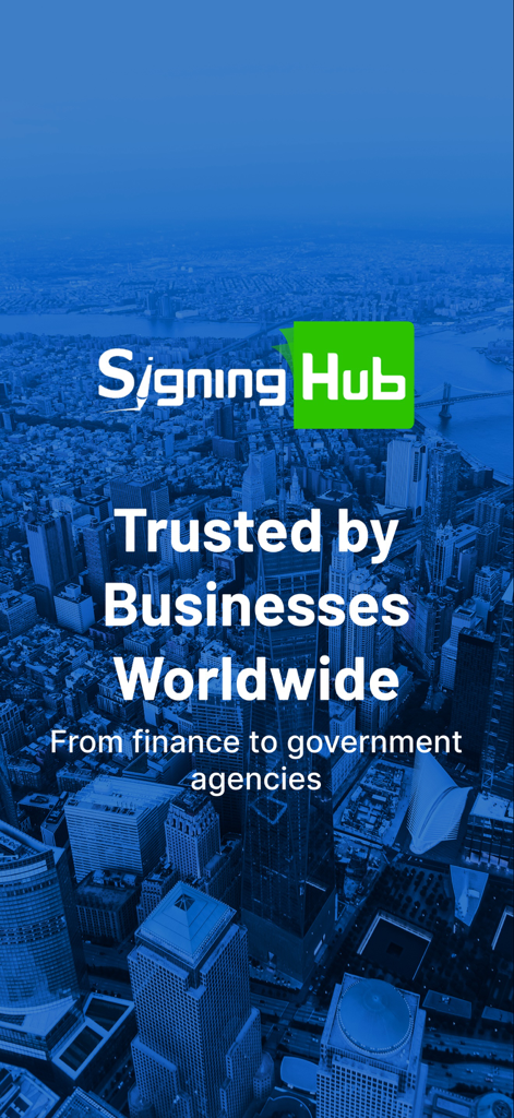 Tela inicial do aplicativo SigningHub com fundo de vista aérea da cidade e o texto Trusted by Businesses Worldwide.