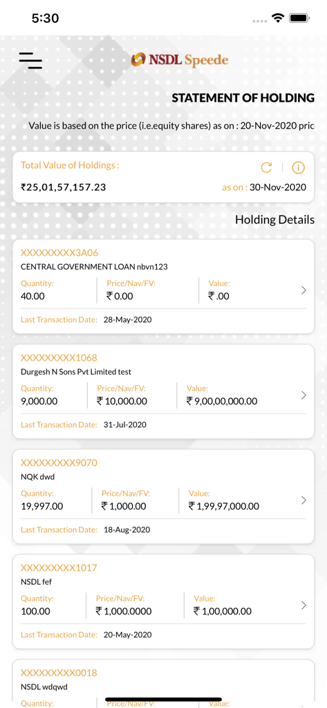 NSDL Speede app screen showing statement of holding and investment portfolio details