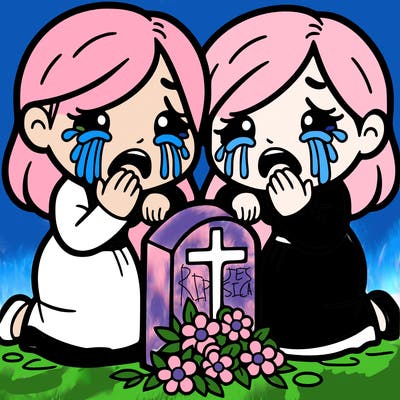 twin adult ladys crying next to gravestone