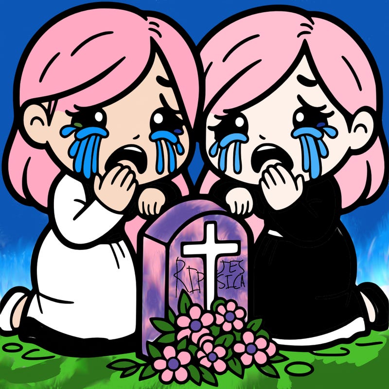 twin adult ladys crying next to gravestone