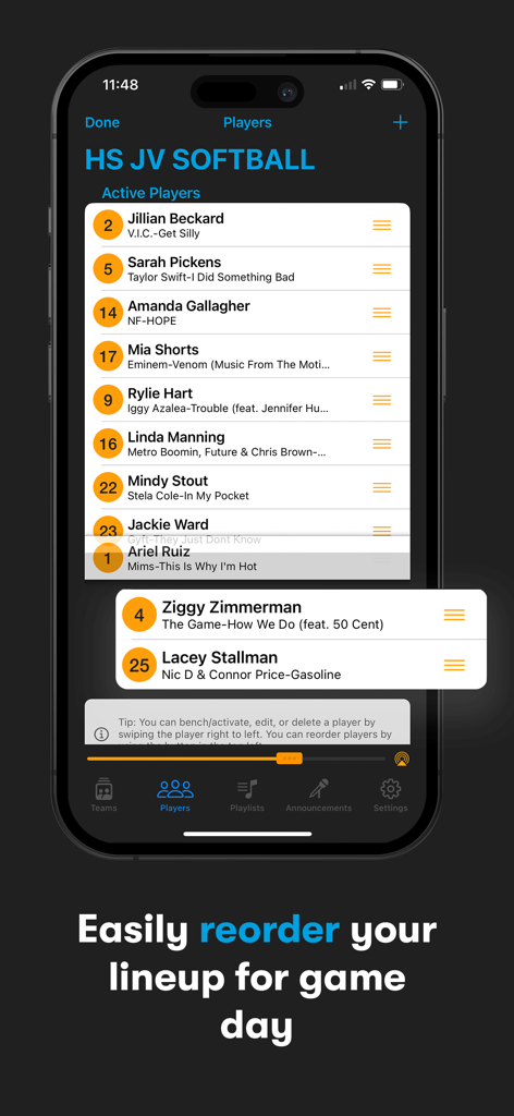 Next Batter Up: Walk-Up Music - iPhone screen showing a softball team lineup with players names and songs being reordered for game day